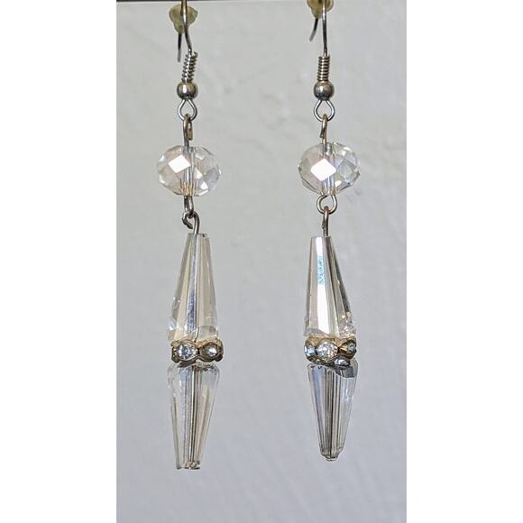 Cut Crystal Rhinestone Rondelle Bead French Wire Dangle Earrings - Picture 1 of 5